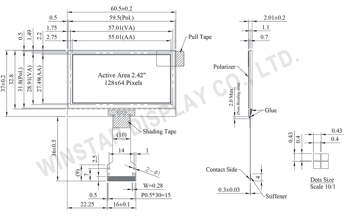 128x64 Graphic 2.42-inch COG OLED Display Module - WEO012864AL