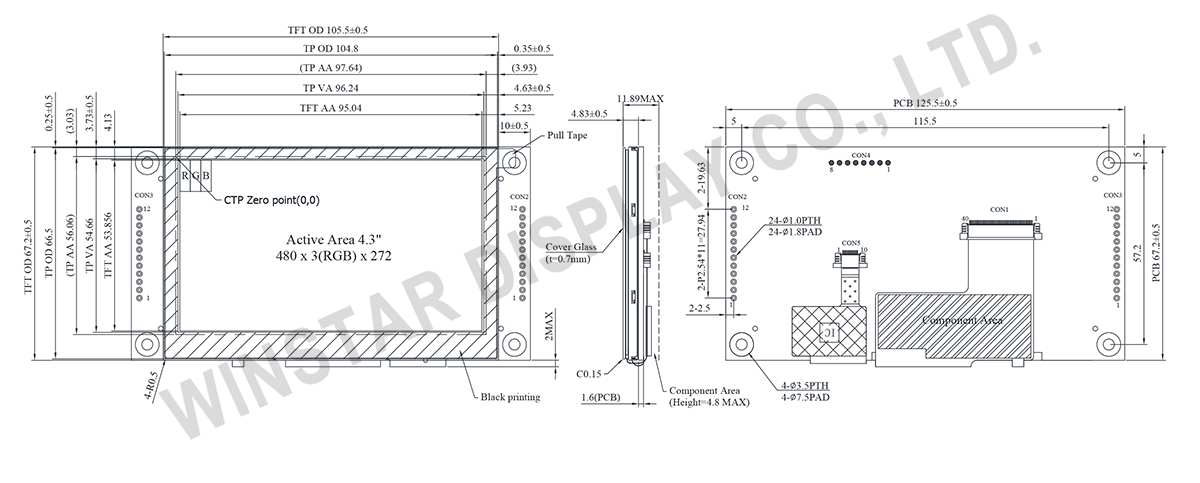 4.3 inch UART TFT LCD,480×272 Display with PACP - WL0F00043000UGFAAEA00